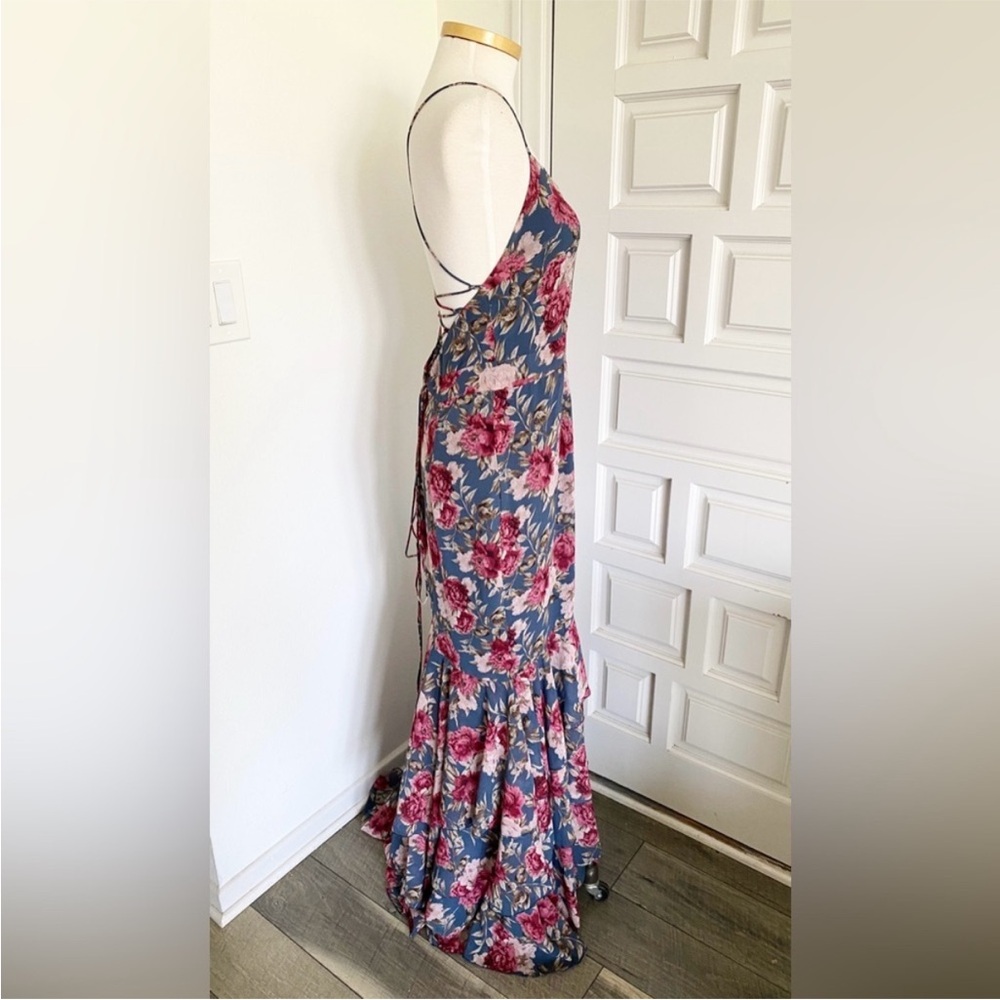Long Maxi Mermaid Style Dress Blue Pink Floral Corset Lace Up Ruffles - Picture 3 of 15